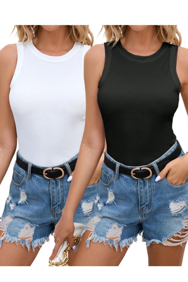2'li Halter Yaka Fitilli Örme Pamuklu Body Atlet