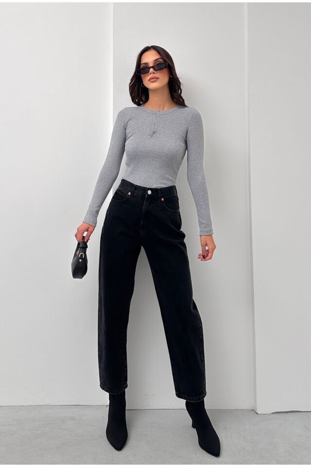 Kadın Uzun Kollu Patlı Fitilli Kaşkorse Bluz Gri - XL