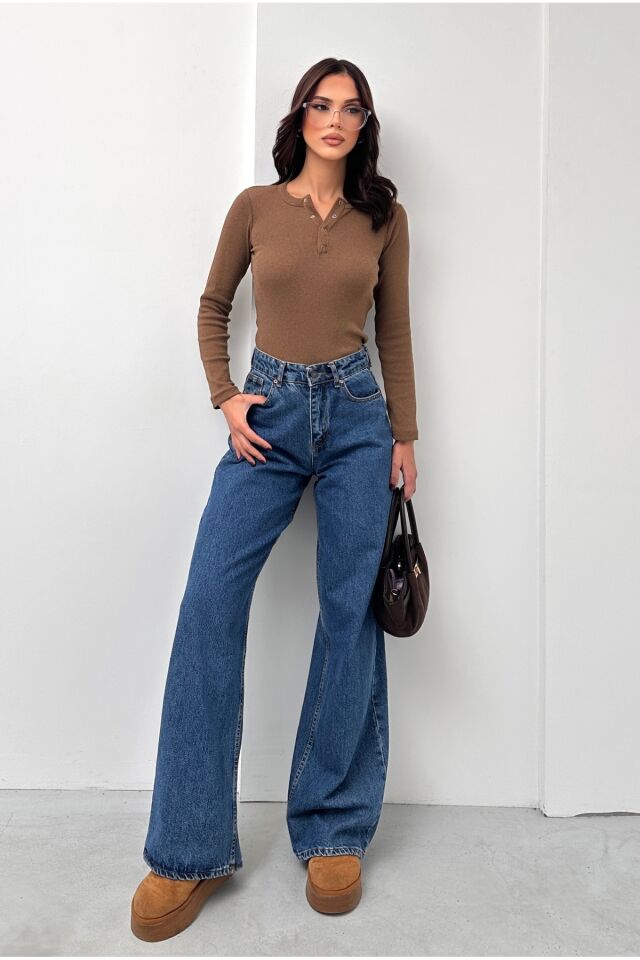 Kadın Uzun Kollu Patlı Fitilli Kaşkorse Bluz Kahverengi - L