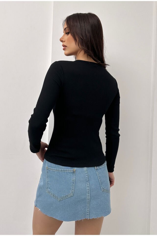 Kadın Uzun Kollu Patlı Fitilli Kaşkorse Bluz Siyah - XL