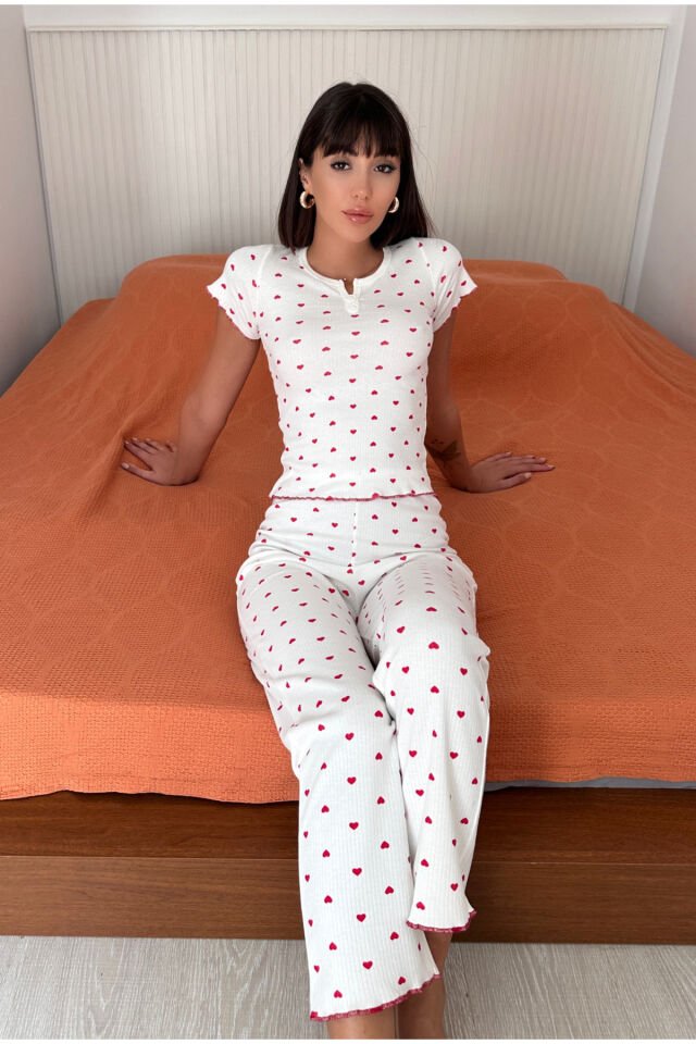 Kadın %100 Pamuk Desenli Pijama Takımı Kırmızı - M