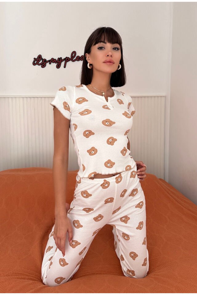 Kadın %100 Pamuk Desenli Pijama Takımı Bej - M