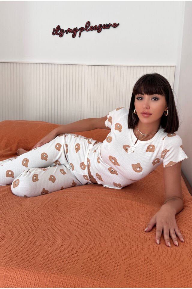 Kadın %100 Pamuk Desenli Pijama Takımı Bej - M