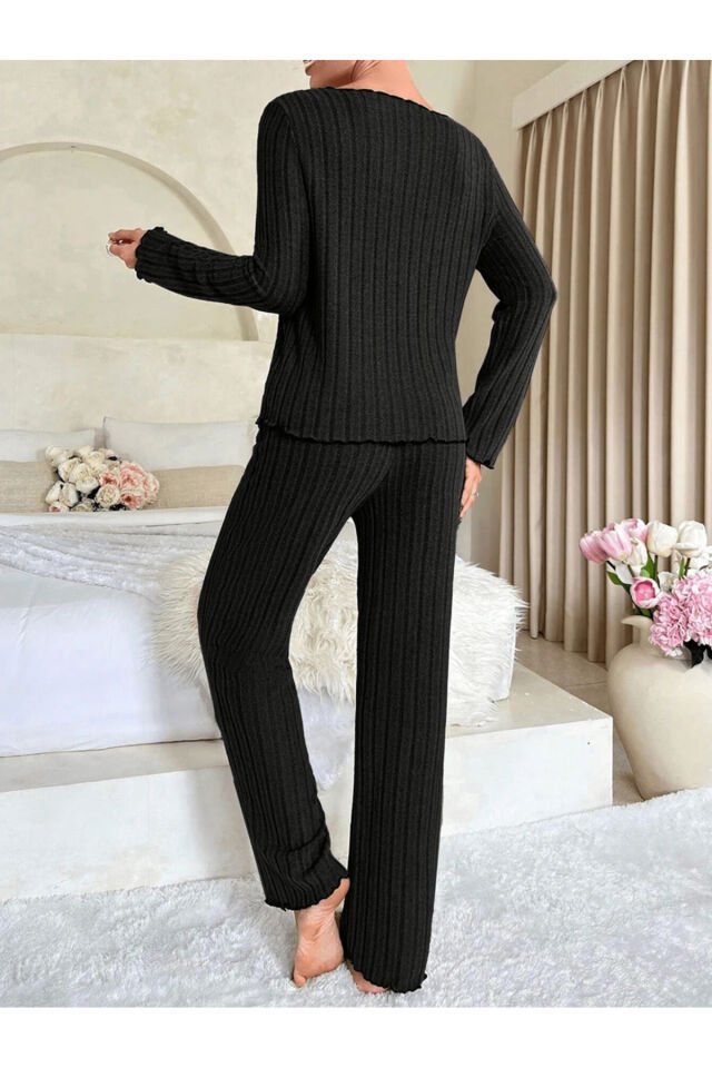 Uzun Kol Fiyonk Detaylı Pamuklu Kadın Pijama Takımı Siyah - S