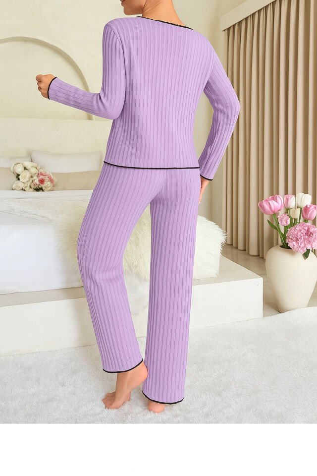 Uzun Kol Fiyonk Detaylı Pamuklu Kadın Pijama Takımı Lila - S