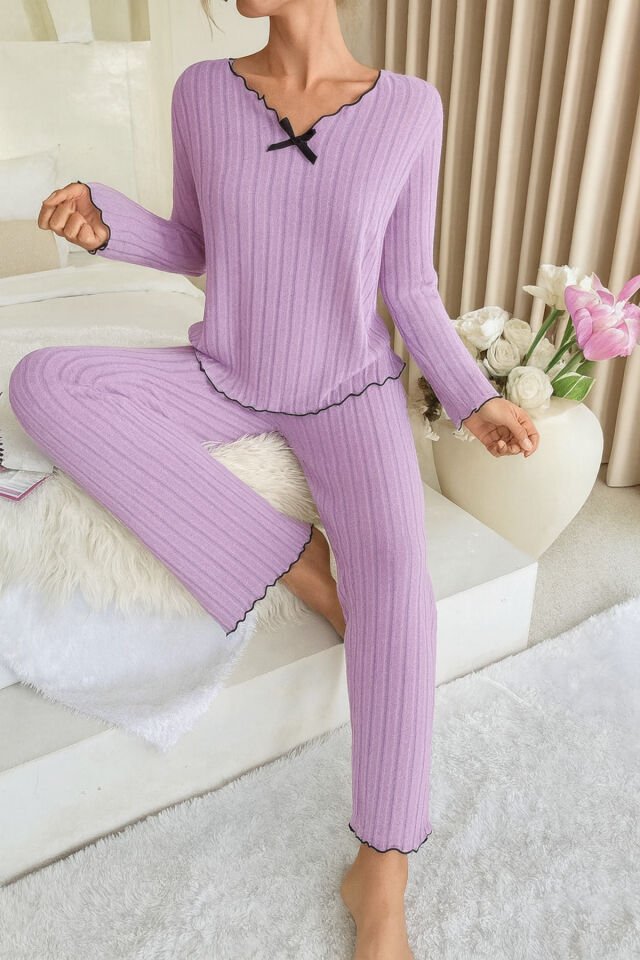 Uzun Kol Fiyonk Detaylı Pamuklu Kadın Pijama Takımı Lila - XL