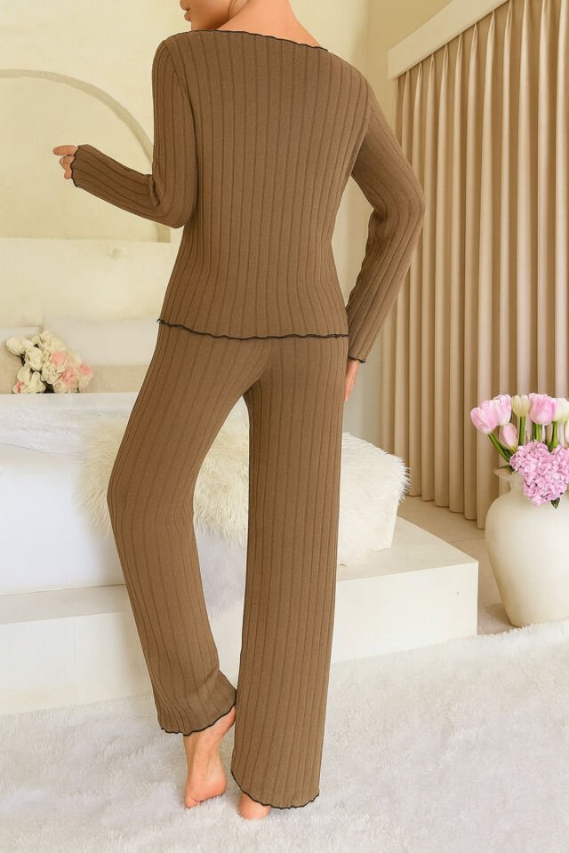 Uzun Kol Fiyonk Detaylı Pamuklu Kadın Pijama Takımı Kahverengi - S