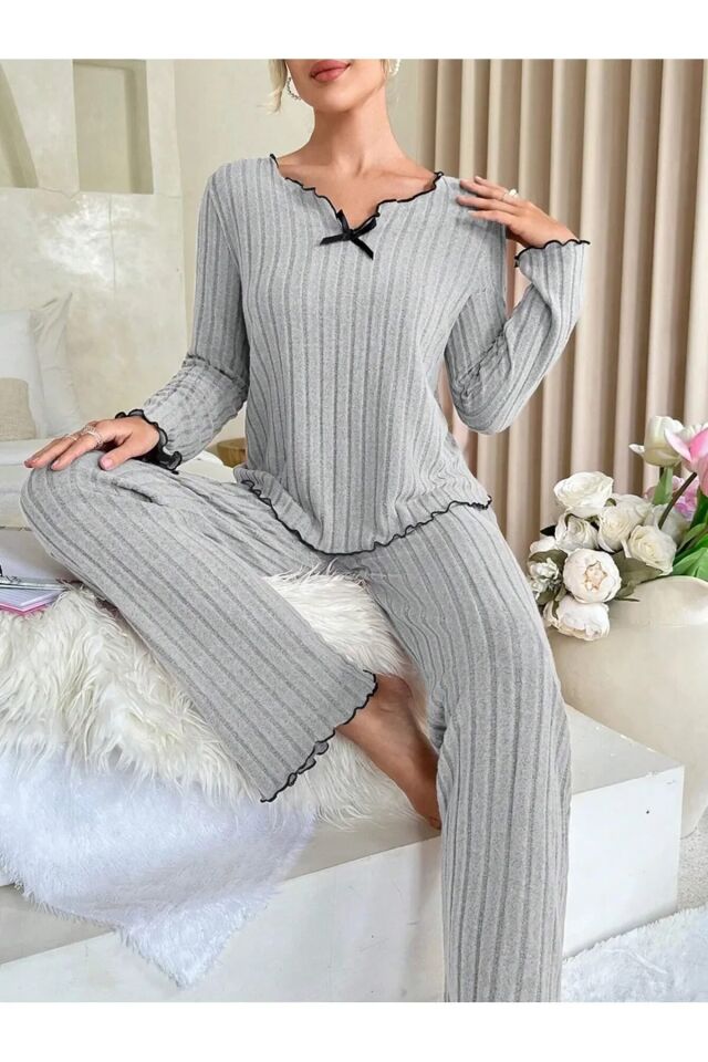 Uzun Kol Fiyonk Detaylı Pamuklu Kadın Pijama Takımı Gri - XL