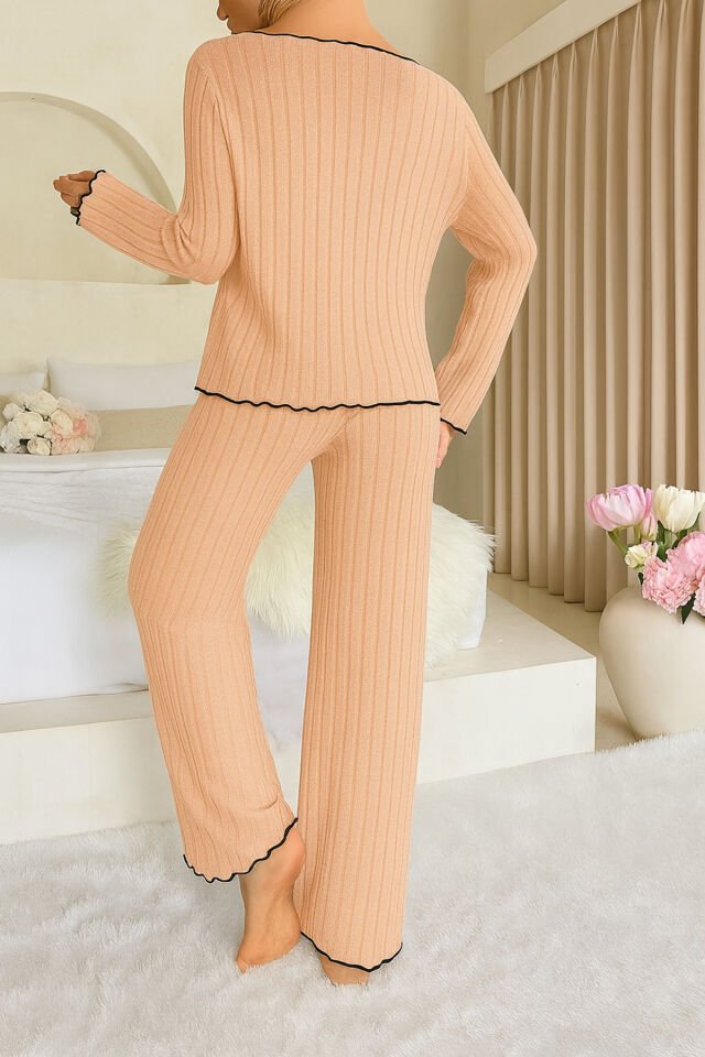 Uzun Kol Fiyonk Detaylı Pamuklu Kadın Pijama Takımı Somon - L