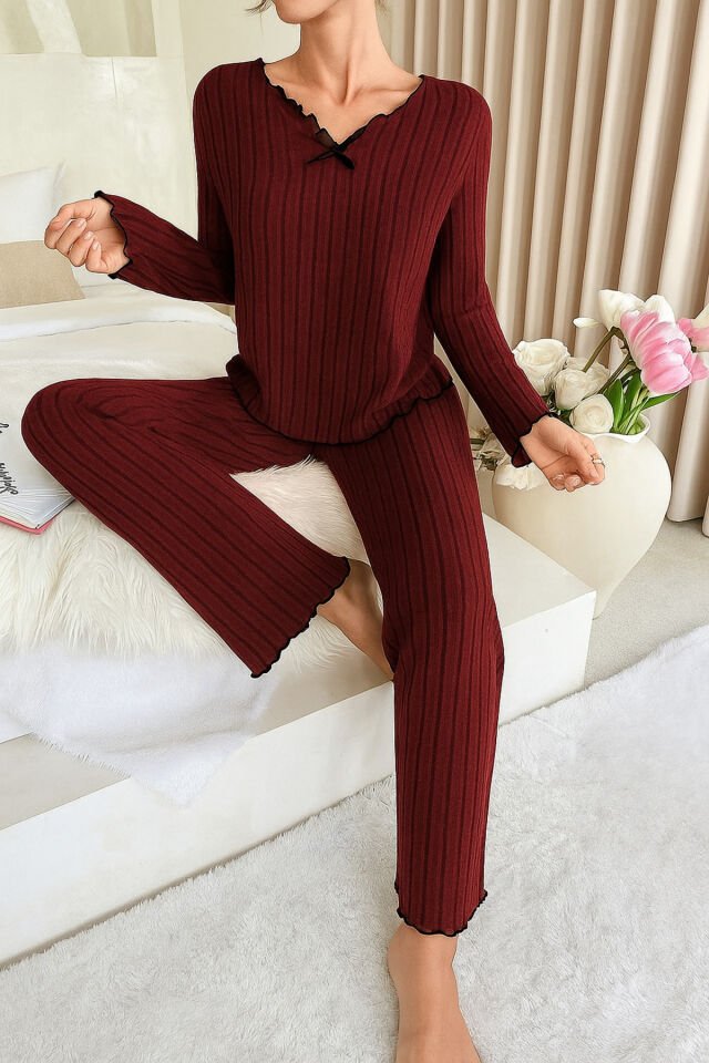 Uzun Kol Fiyonk Detaylı Pamuklu Kadın Pijama Takımı Bordo - M