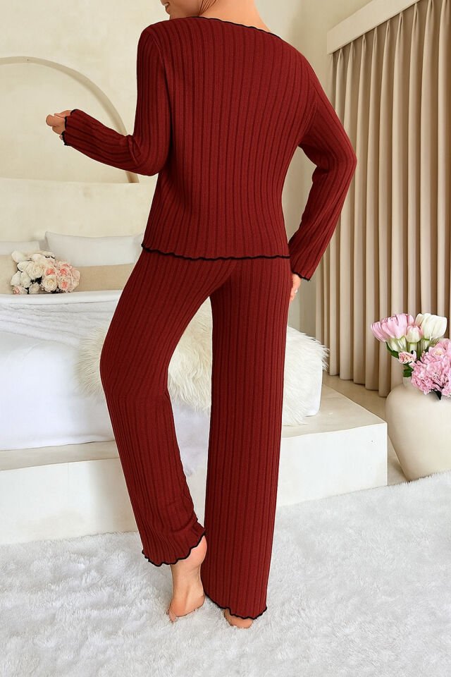 Uzun Kol Fiyonk Detaylı Pamuklu Kadın Pijama Takımı Bordo - M