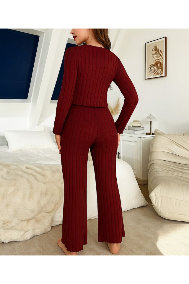 Fiyonk Detaylı Uzun Kol Pamuklu Kadın Pijama Takımı Bordo - S