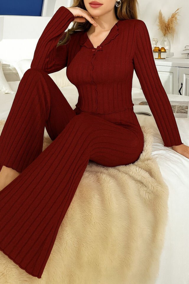 Fiyonk Detaylı Uzun Kol Pamuklu Kadın Pijama Takımı Bordo - S