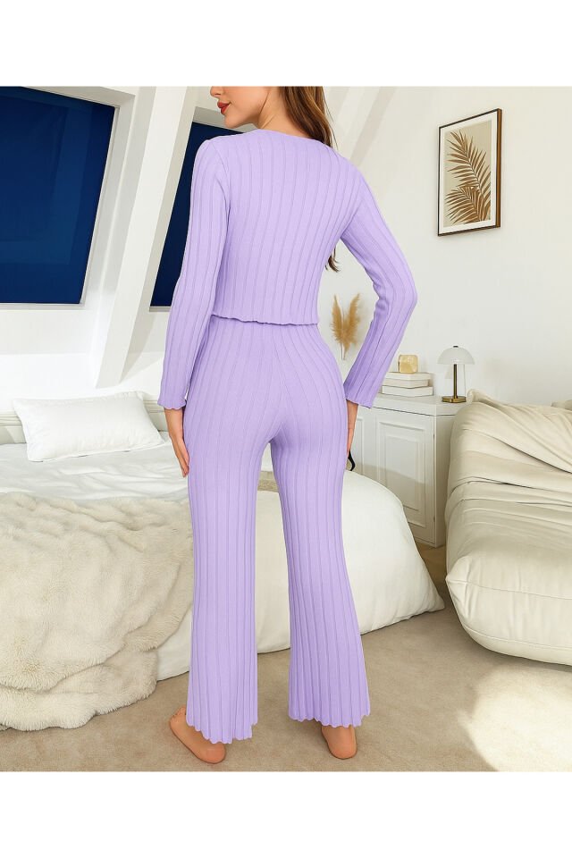 Fiyonk Detaylı Uzun Kol Pamuklu Kadın Pijama Takımı Lila - M