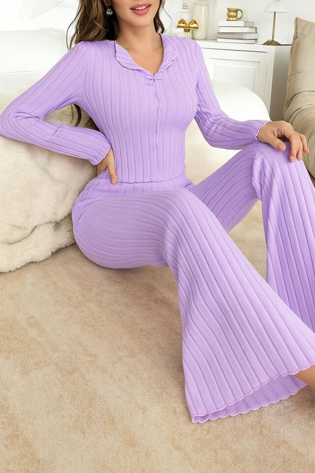 Fiyonk Detaylı Uzun Kol Pamuklu Kadın Pijama Takımı Lila - M
