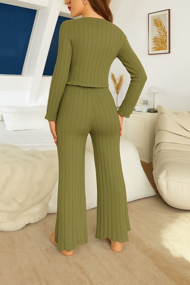 Fiyonk Detaylı Uzun Kol Pamuklu Kadın Pijama Takımı Haki - M