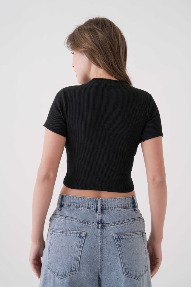 Fitilli Örme Kısa Kol Bisiklet Yaka Crop Siyah - XL