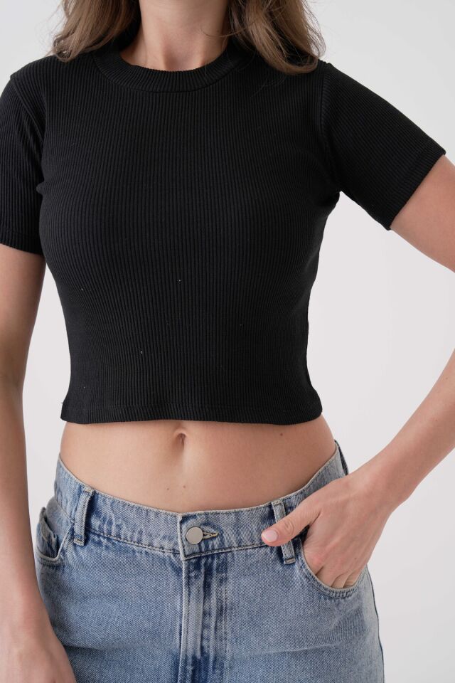 Fitilli Örme Kısa Kol Bisiklet Yaka Crop Siyah - M