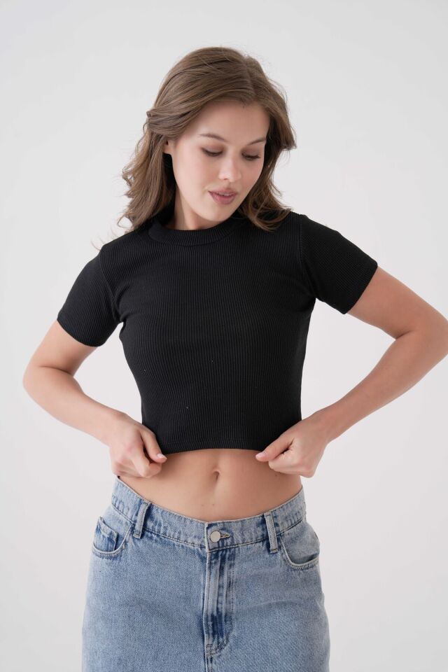 Fitilli Örme Kısa Kol Bisiklet Yaka Crop Siyah - M