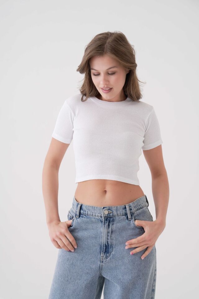 Fitilli Örme Kısa Kol Bisiklet Yaka Crop Beyaz - XL
