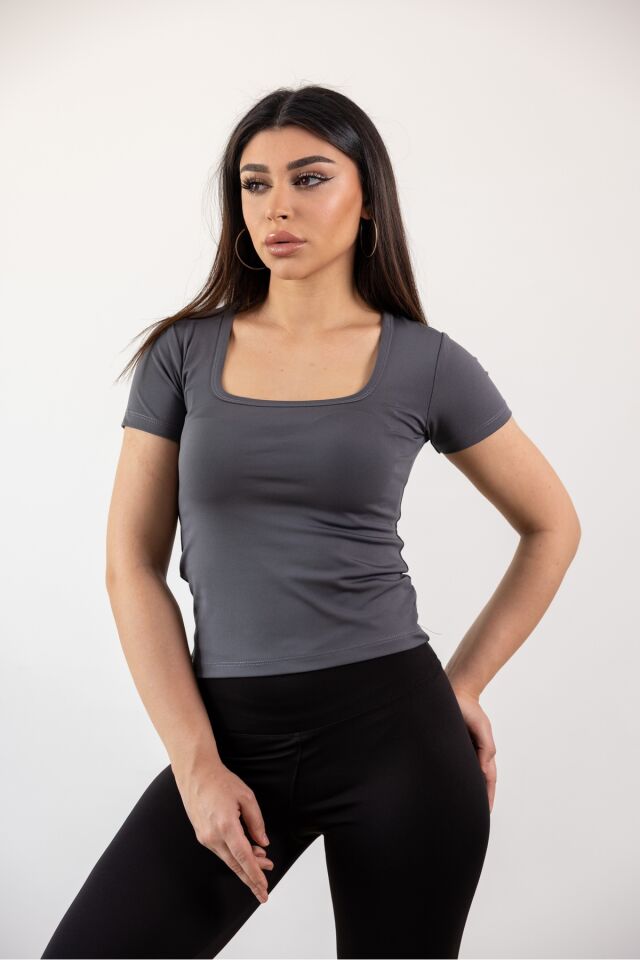 Kare Yaka Basic Full Likra Body Gri - M
