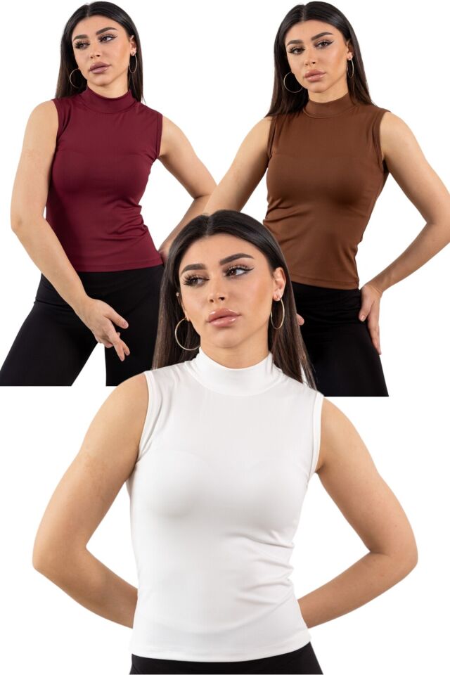 Yarım Balıkçı Yaka Kolsuz 3 Lü Likralı Body Beyaz Kahve Bordo - XL