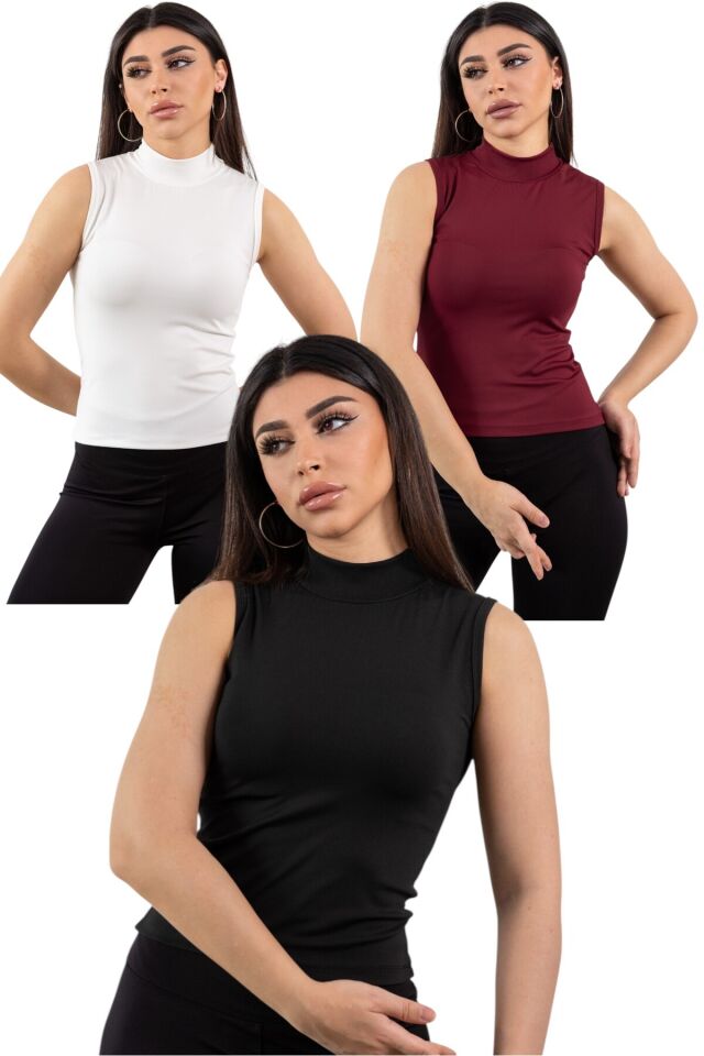 Yarım Balıkçı Yaka Kolsuz 3 Lü Likralı Body Siyah Beyaz Bordo - S
