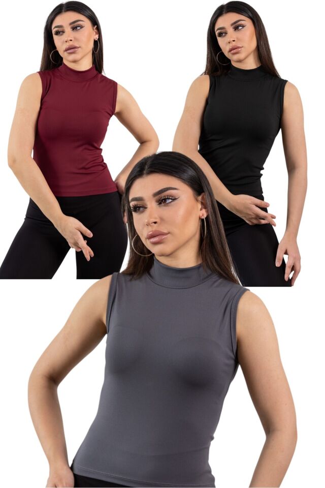 Yarım Balıkçı Yaka Kolsuz 3 Lü Likralı Body Gri Siyah Bordo - L