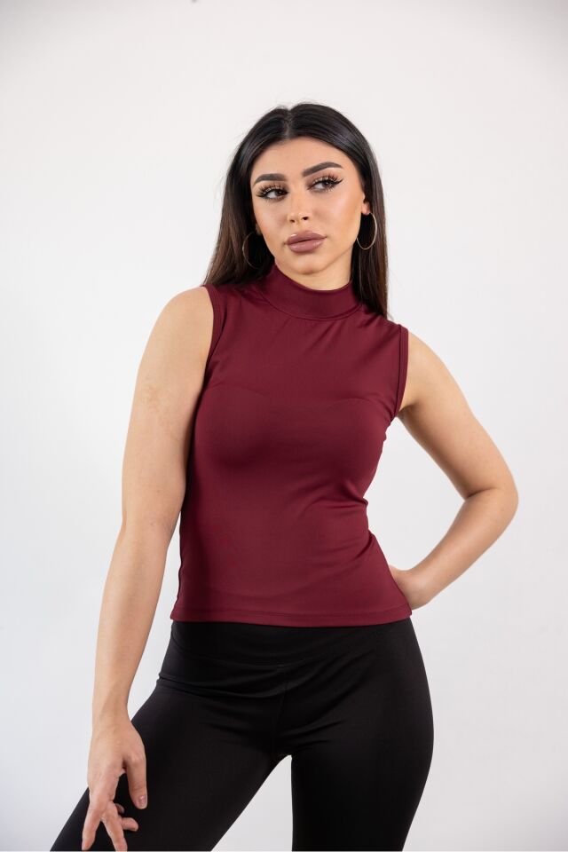Yarım Balıkçı Kolsuz Likralı Body Bordo - S