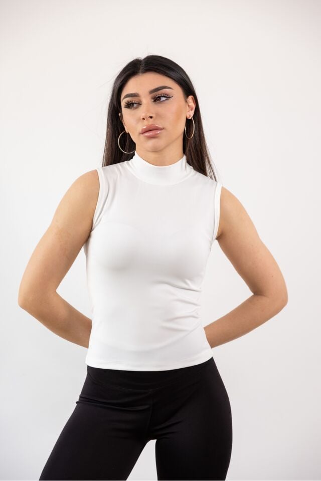 Yarım Balıkçı Kolsuz Likralı Body Beyaz - L