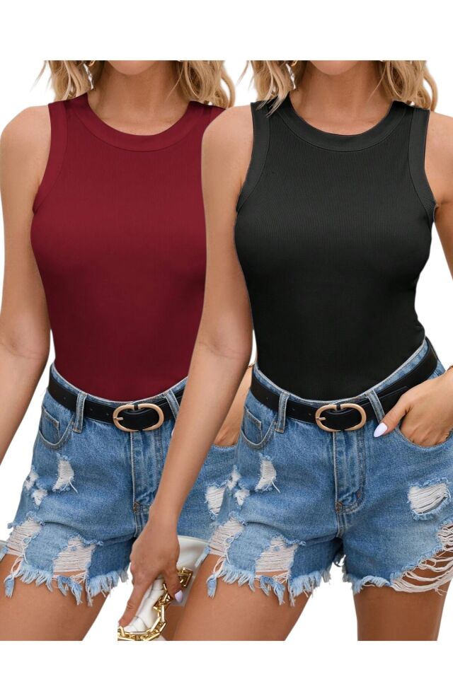 2'li Halter Yaka Fitilli Örme Pamuklu Body Atlet Si̇yah-Bordo - M