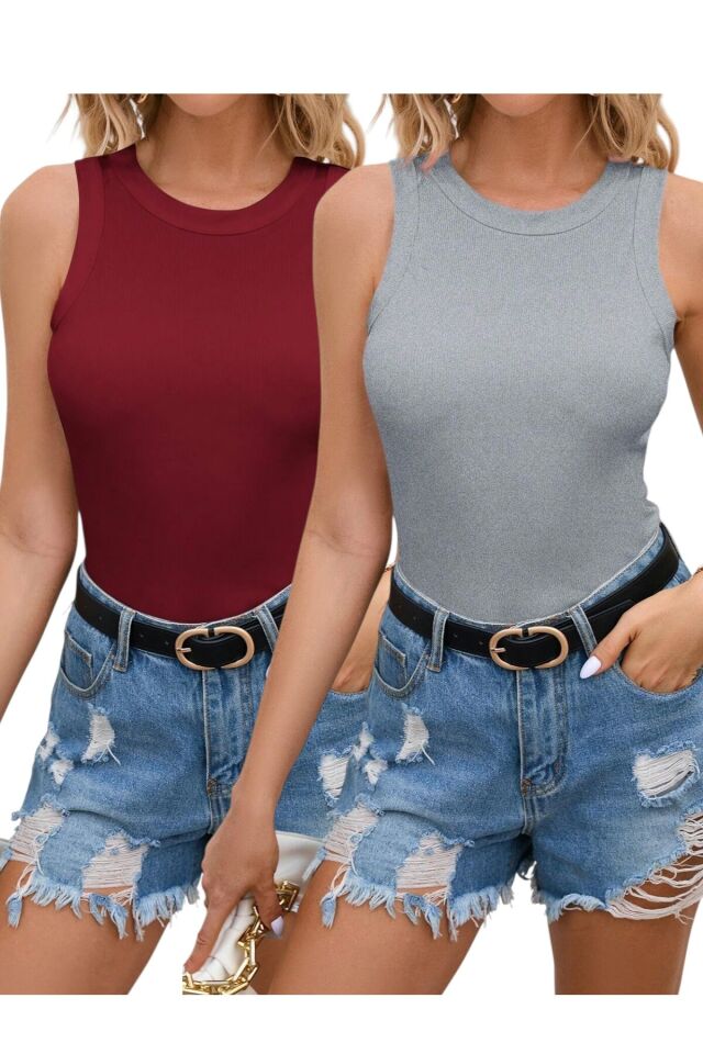 2'li Halter Yaka Fitilli Örme Pamuklu Body Atlet Gri̇-Bordo - L