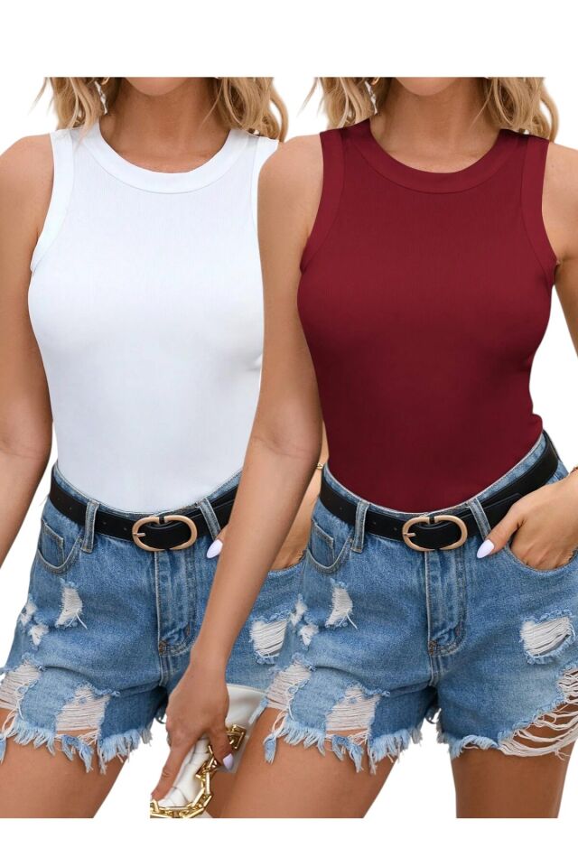 2'li Halter Yaka Fitilli Örme Pamuklu Body Atlet Beyaz-Bordo - XL