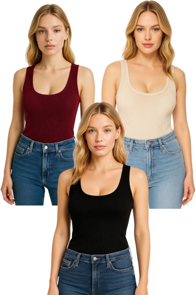 3'Lü Kalın Askılı Fitilli Basic Kadın Body Atlet Bej-Bordo-Siyah - L