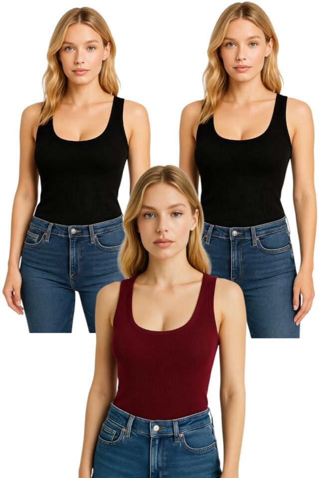 3'Lü Kalın Askılı Fitilli Basic Kadın Body Atlet Siyah-Siyah-Bordo - S