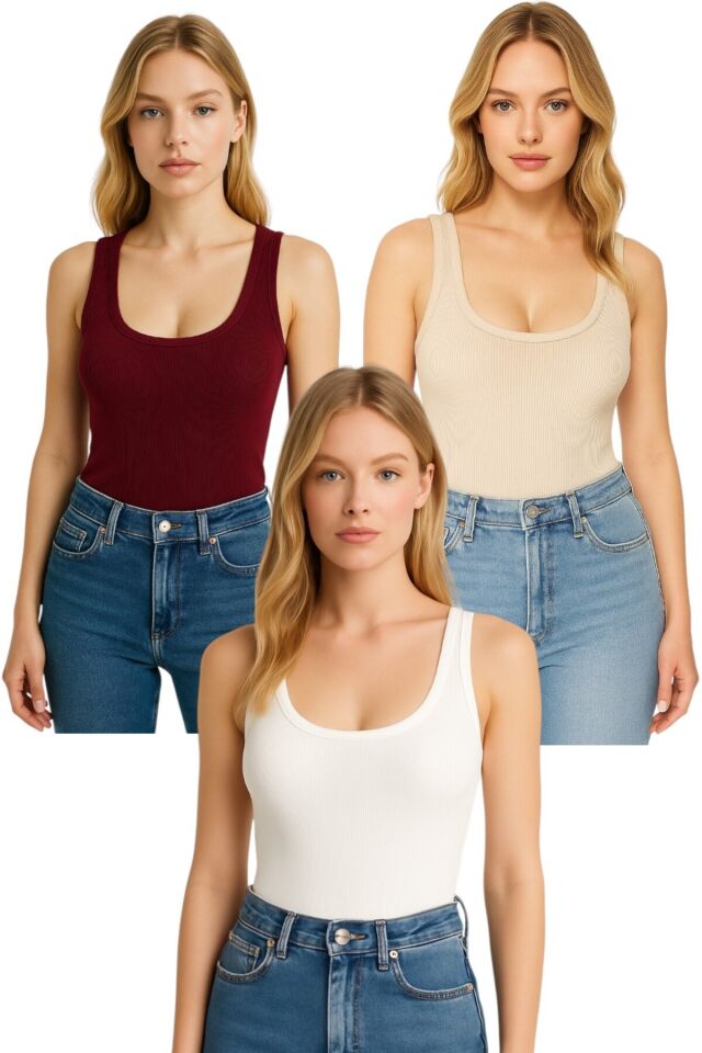 3'Lü Kalın Askılı Fitilli Basic Kadın Body Atlet Bej-Bordo-Beyaz - S