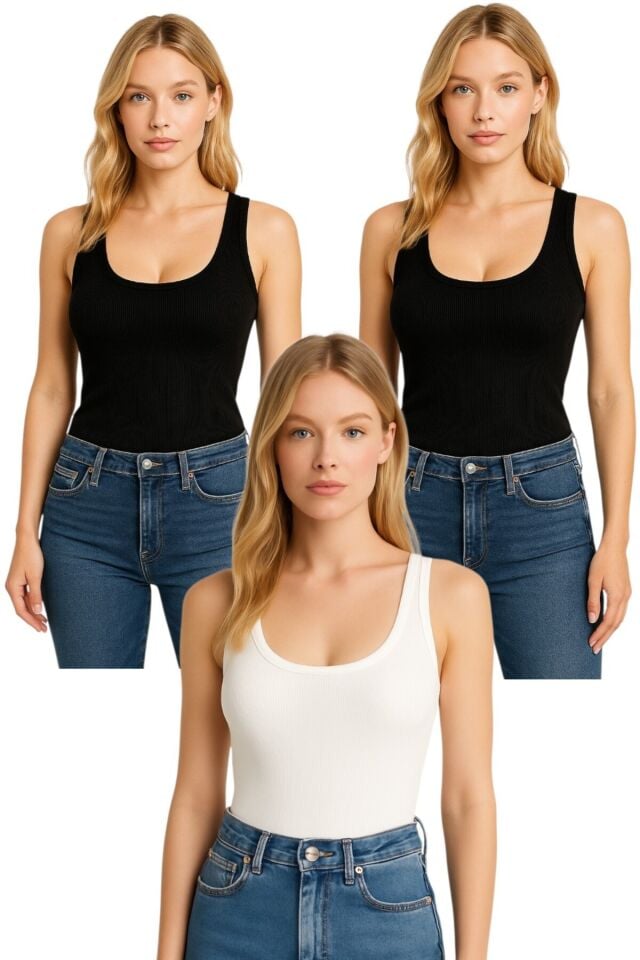 3'Lü Kalın Askılı Fitilli Basic Kadın Body Atlet Siyah-Siyah-Beyaz - M