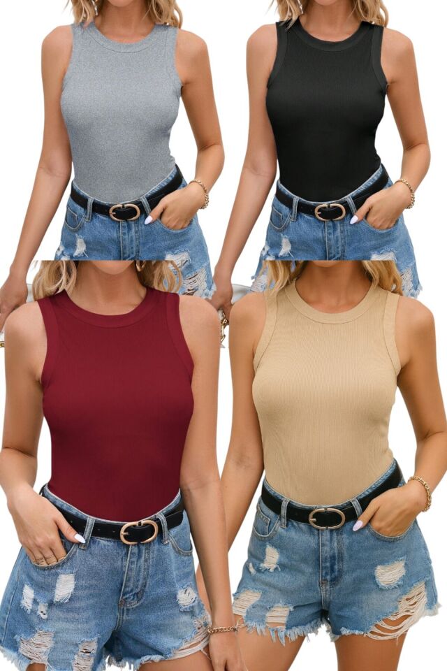 4'Lü Halter Yaka Fitilli Basic Kadın Atlet Bordo-Gri-Bej-Siyah - M