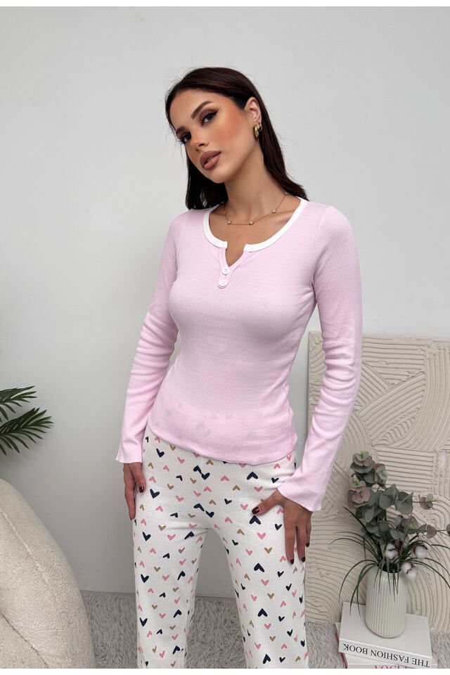 Uzun Kol Düğme Detaylı Penye Kadın Pijama Takımı Pembe - M