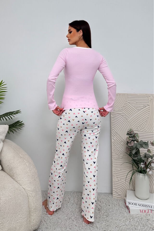 Uzun Kol Düğme Detaylı Penye Kadın Pijama Takımı Pembe - S