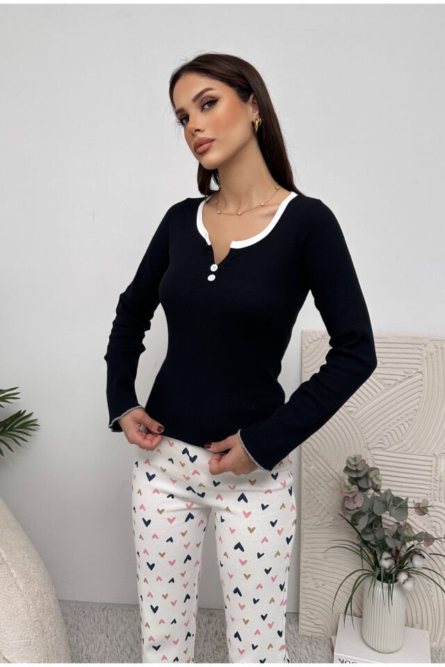 Uzun Kol Düğme Detaylı Penye Kadın Pijama Takımı Lacivert - M