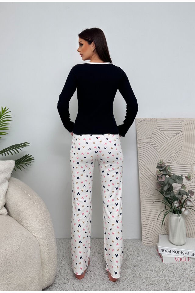 Uzun Kol Düğme Detaylı Penye Kadın Pijama Takımı Lacivert - M