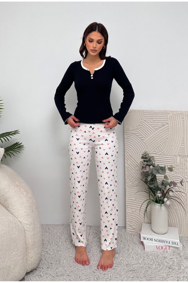 Uzun Kol Düğme Detaylı Penye Kadın Pijama Takımı Lacivert - M