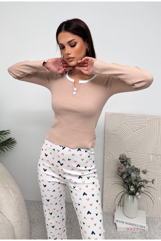 Uzun Kol Düğme Detaylı Penye Kadın Pijama Takımı Bej - XL