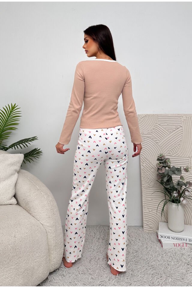 Uzun Kol Düğme Detaylı Penye Kadın Pijama Takımı Bej - XL