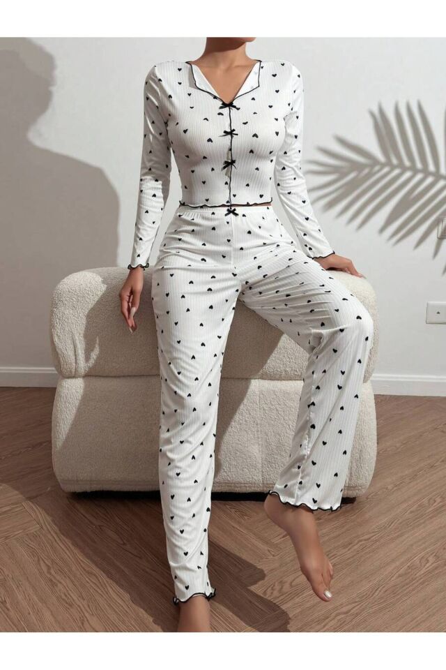 Uzun Kol Fiyonk Detaylı Penye Kadın Pijama Takımı Siyah - 10-11 Yaş