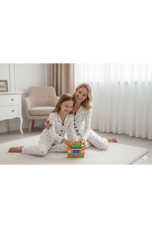 Uzun Kol Fiyonk Detaylı Penye Kadın Pijama Takımı Siyah - 4-5 Yaş