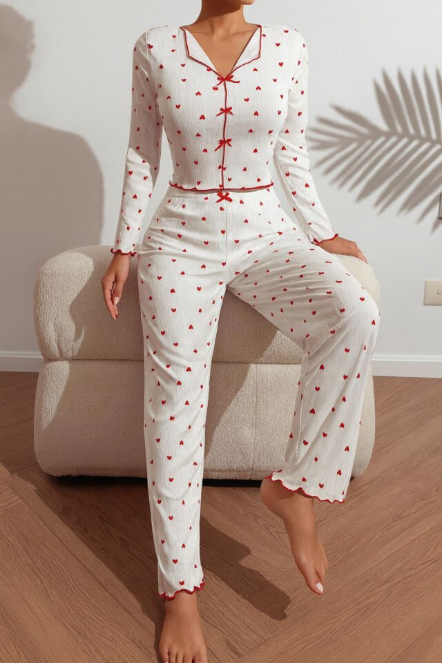 Uzun Kol Fiyonk Detaylı Penye Kadın Pijama Takımı Kırmızı - M