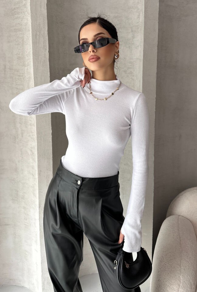 Kadın Parmak Geçme Detaylı Fitilli Body XL - Beyaz