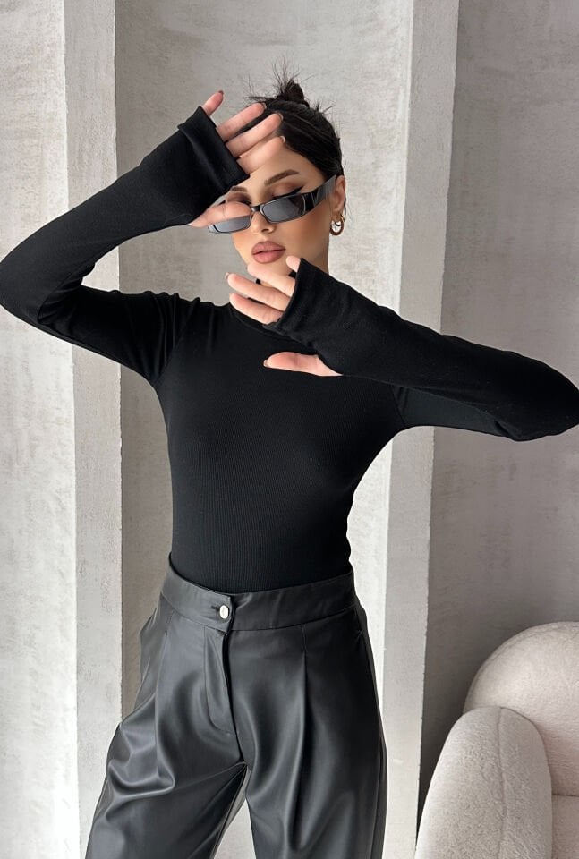 Kadın Parmak Geçme Detaylı Fitilli Body XL - Siyah